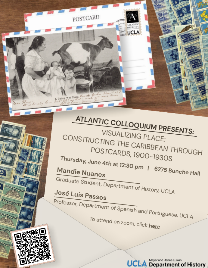 Poster for the event showing a table with postcards and stamps. A partially open letter shows the event information.