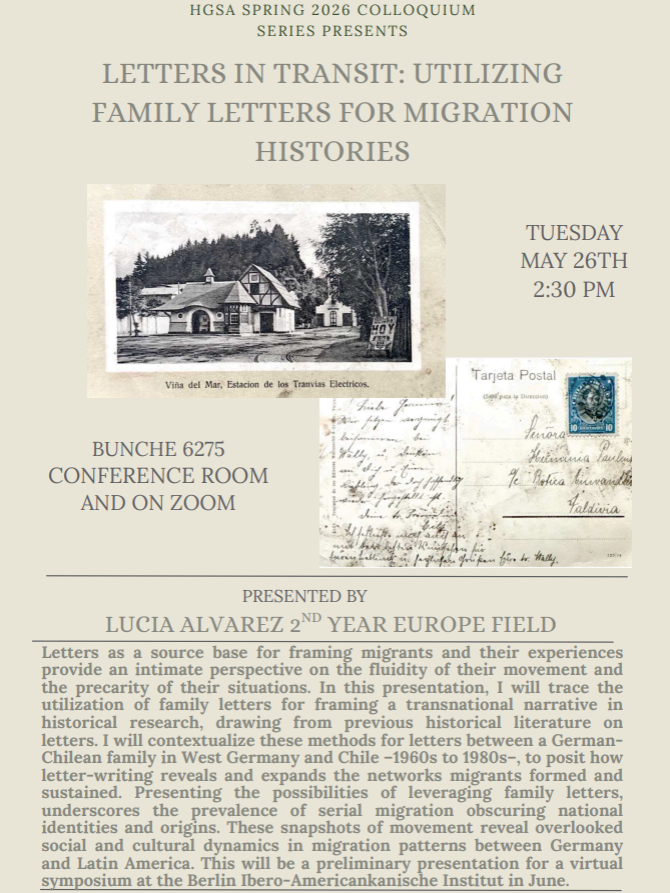 Poster for the event titled: Letters in Transit: Utilizing Family Letters for Migration Histories